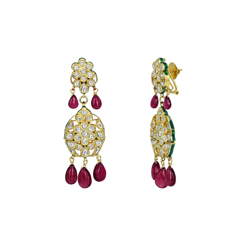 Floral Polki Earrings with Rubylite Drops